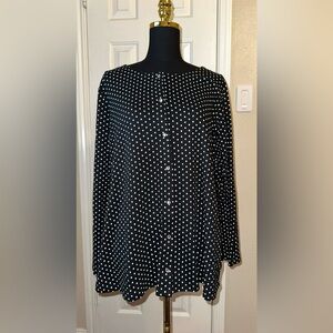 Quacker Factory Black White Polka Dot Button Up Shirt 1X Sparkly Buttons